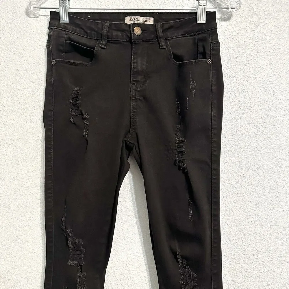 Judy Blue Black Distressed Fray Ripped Denim Jeans Size 5 / 27 JB-8548